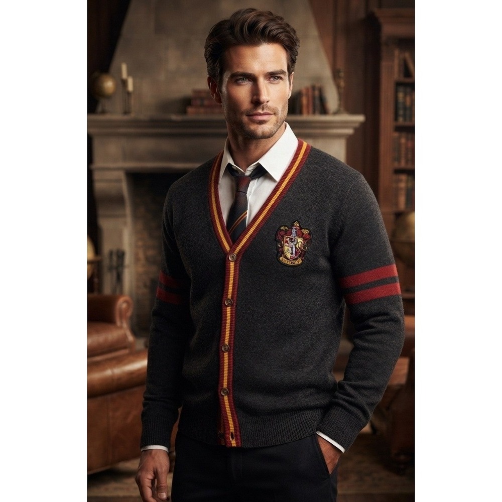 Harry Potter Gryffindor Cardigan Sweater Crest Men's M Gray Cotton Knit V-Neck